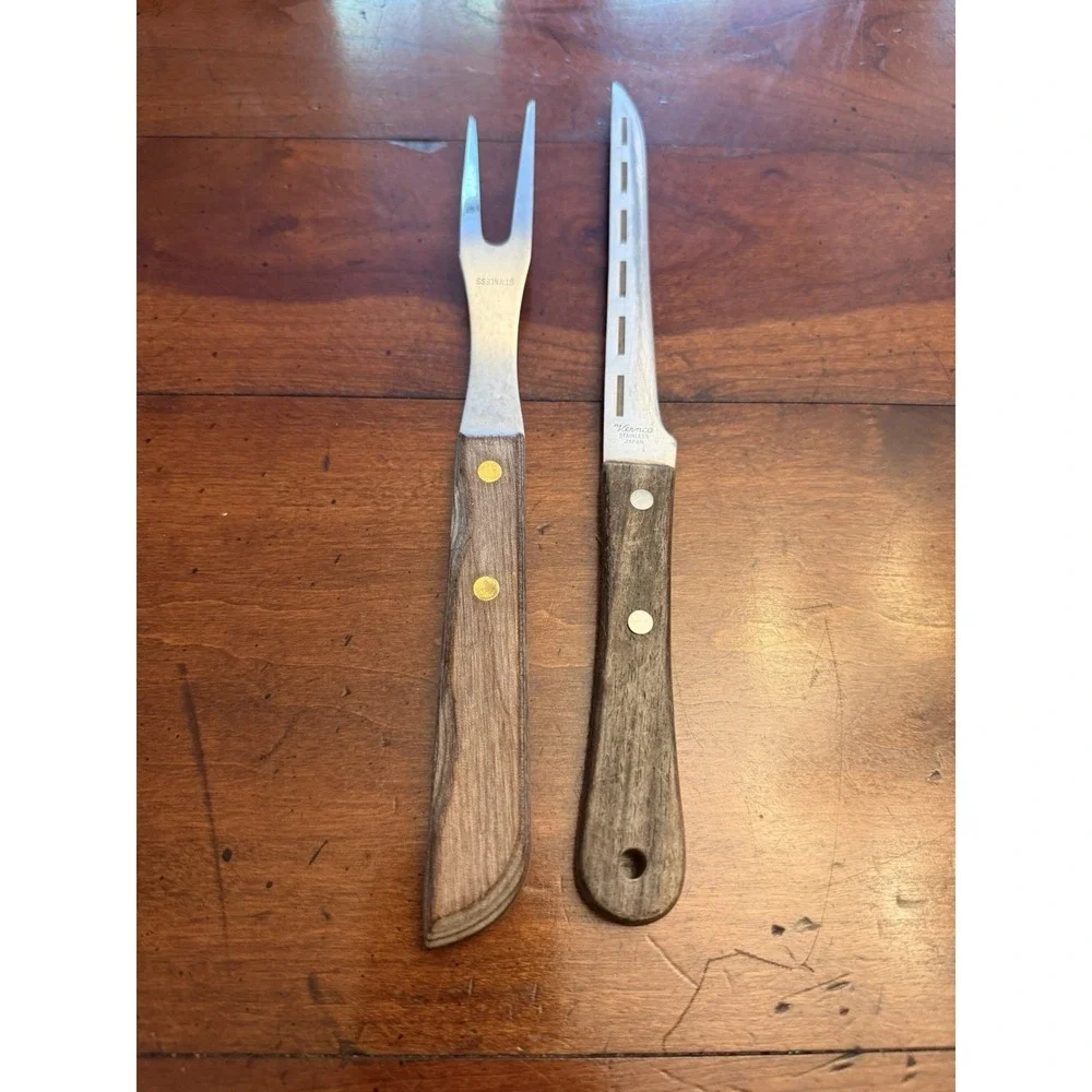 Vintage Vernco Stainless Slotted Cheese Knife & Carving Serving Fork Rosewood Lt